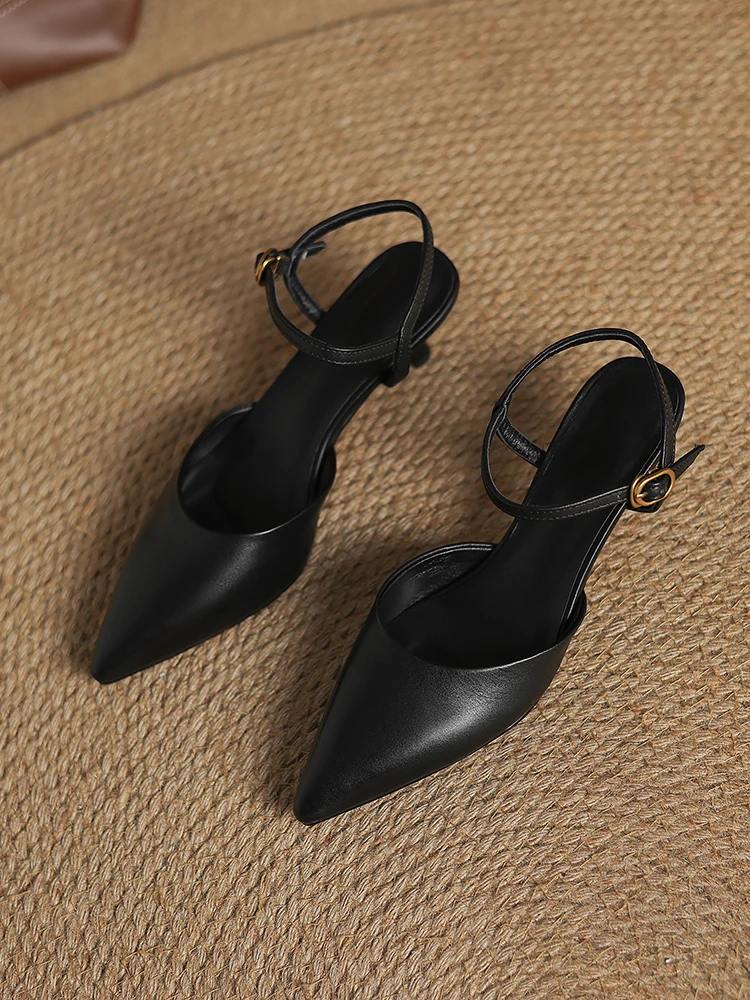 2025 NEW Women Trend Summer Ankle Strap Sandals Sexy High Thin Heels Brown Suede Black Leather Closed Pointed Toe Party Shoes