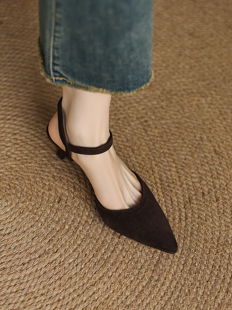 2025 NEW Women Trend Summer Ankle Strap Sandals Sexy High Thin Heels Brown Suede Black Leather Closed Pointed Toe Party Shoes