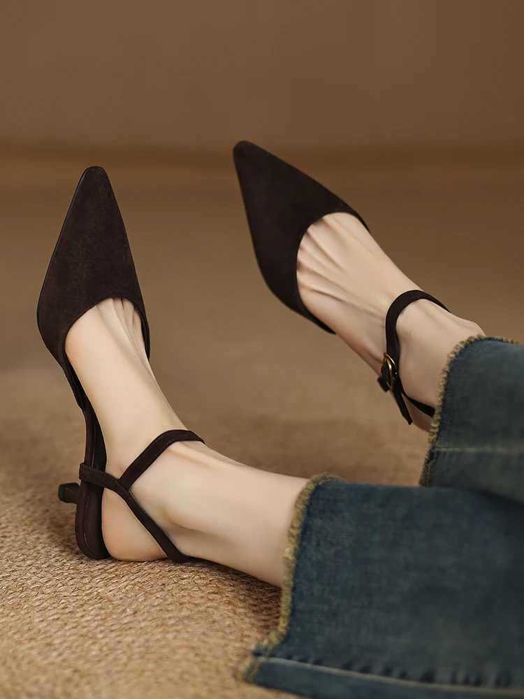 2025 NEW Women Trend Summer Ankle Strap Sandals Sexy High Thin Heels Brown Suede Black Leather Closed Pointed Toe Party Shoes
