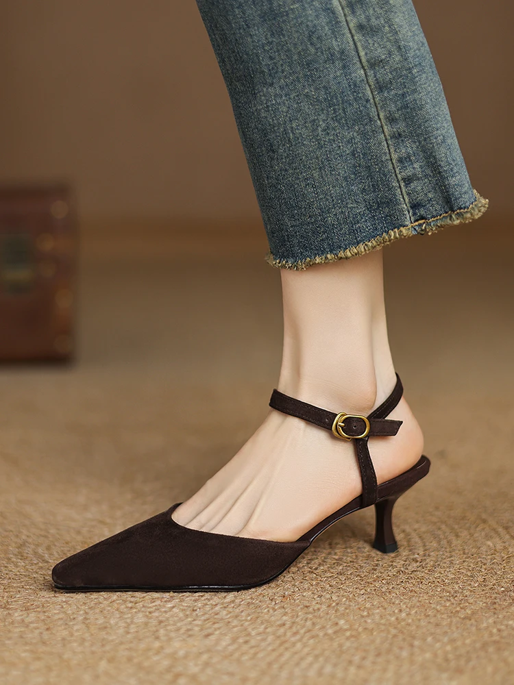 2025 NEW Women Trend Summer Ankle Strap Sandals Sexy High Thin Heels Brown Suede Black Leather Closed Pointed Toe Party Shoes