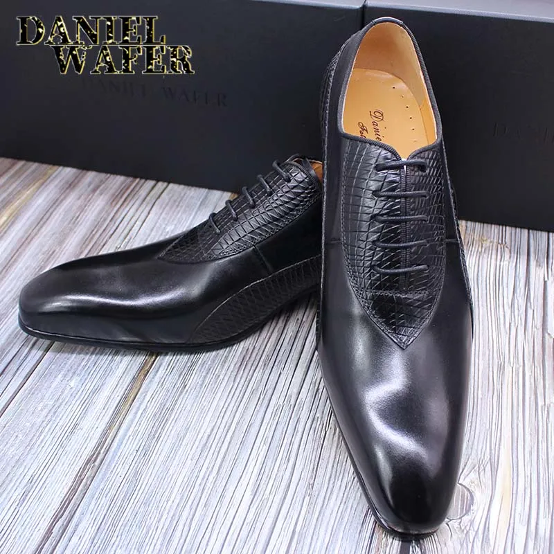 Men's Crocodile Embossed Leather Oxfords Business Formal Shoes for Professional Meetings Dinner Weddings