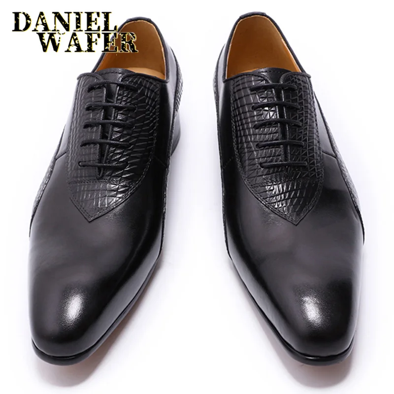 Men's Crocodile Embossed Leather Oxfords Business Formal Shoes for Professional Meetings Dinner Weddings
