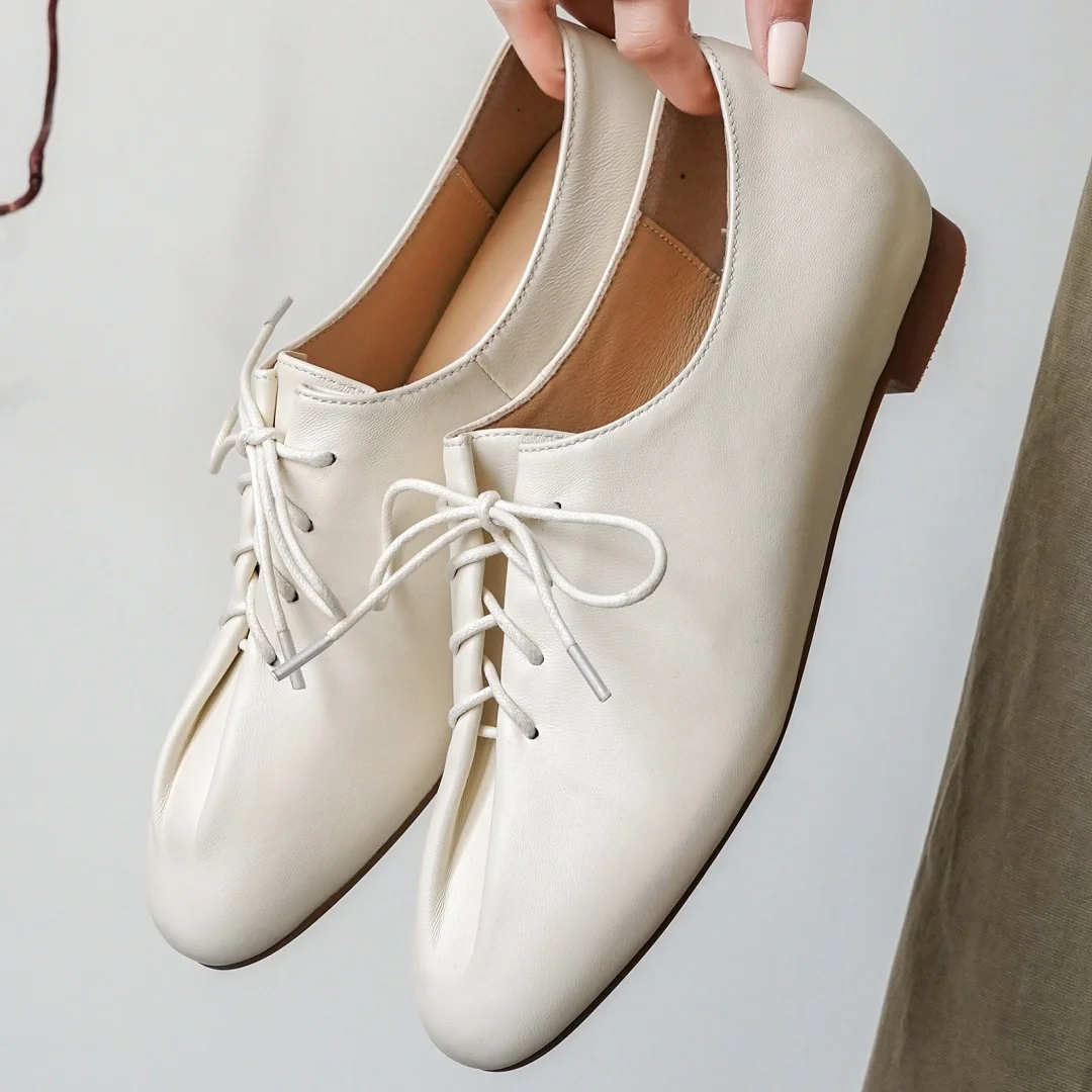 danxuefei 2026 spring new women's sheepskin round toe lace-up pleated flats oxfords high quality soft comfortable casual shoes