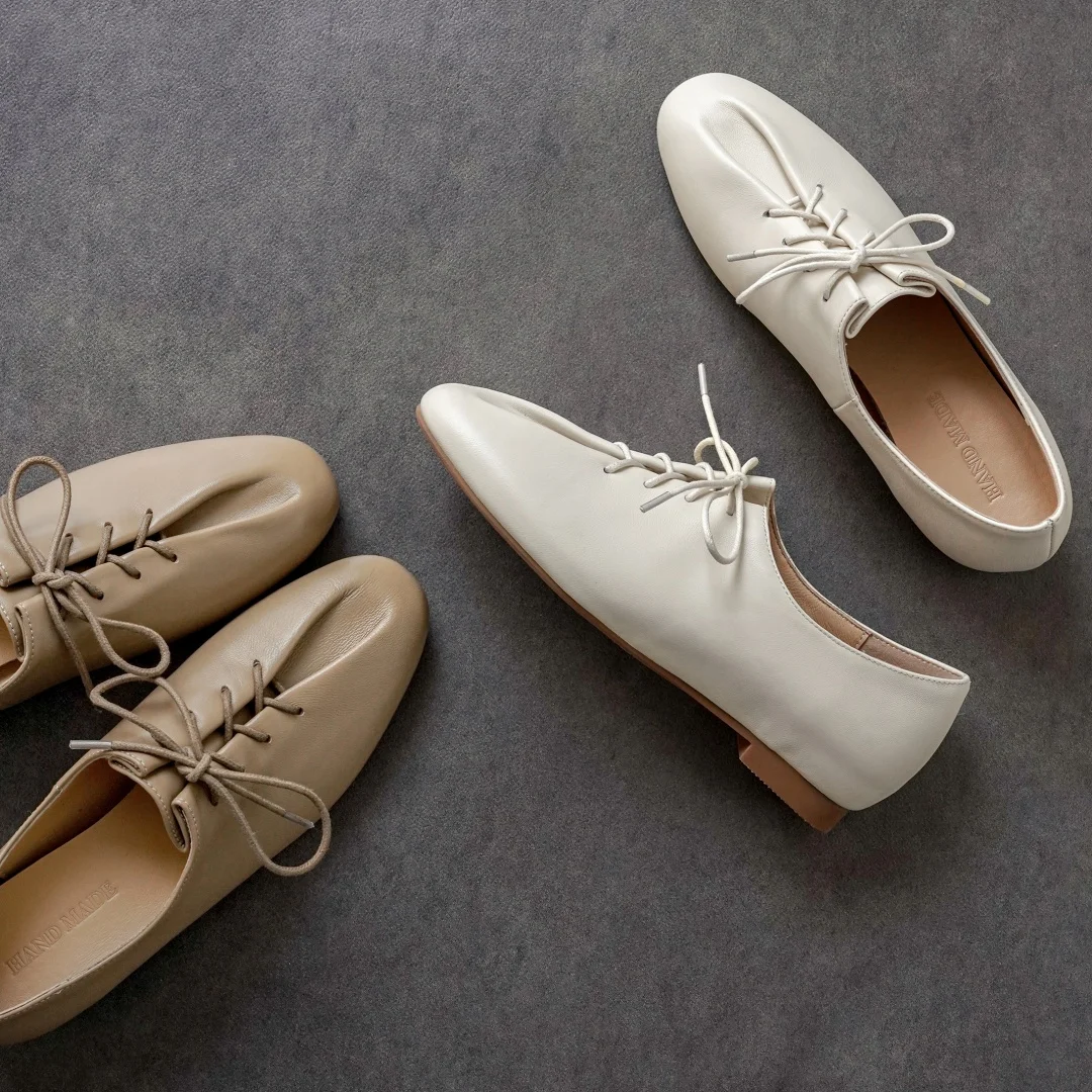 danxuefei 2026 spring new women's sheepskin round toe lace-up pleated flats oxfords high quality soft comfortable casual shoes