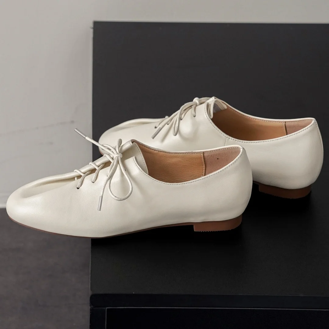 danxuefei 2026 spring new women's sheepskin round toe lace-up pleated flats oxfords high quality soft comfortable casual shoes