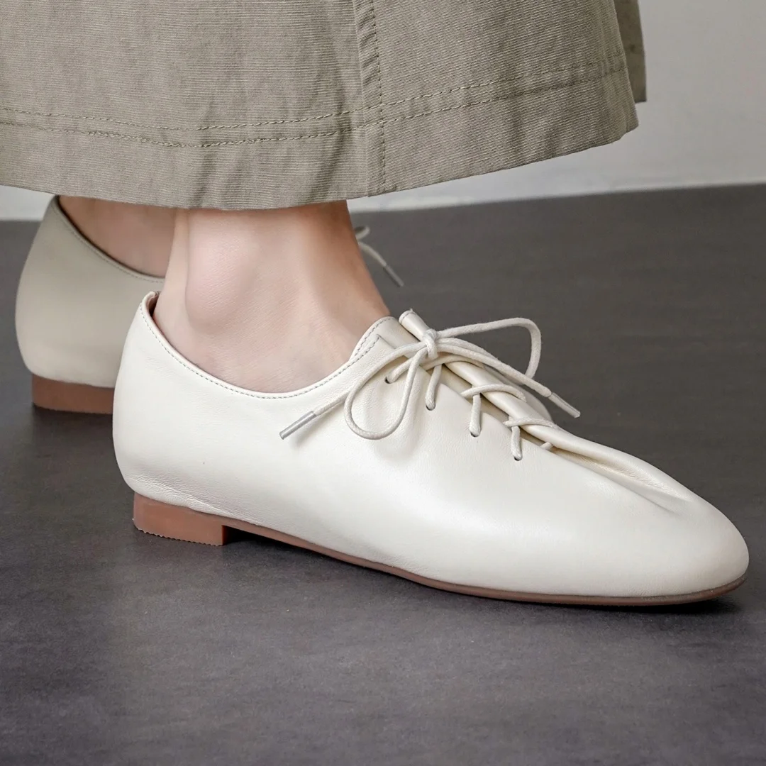 danxuefei 2026 spring new women's sheepskin round toe lace-up pleated flats oxfords high quality soft comfortable casual shoes