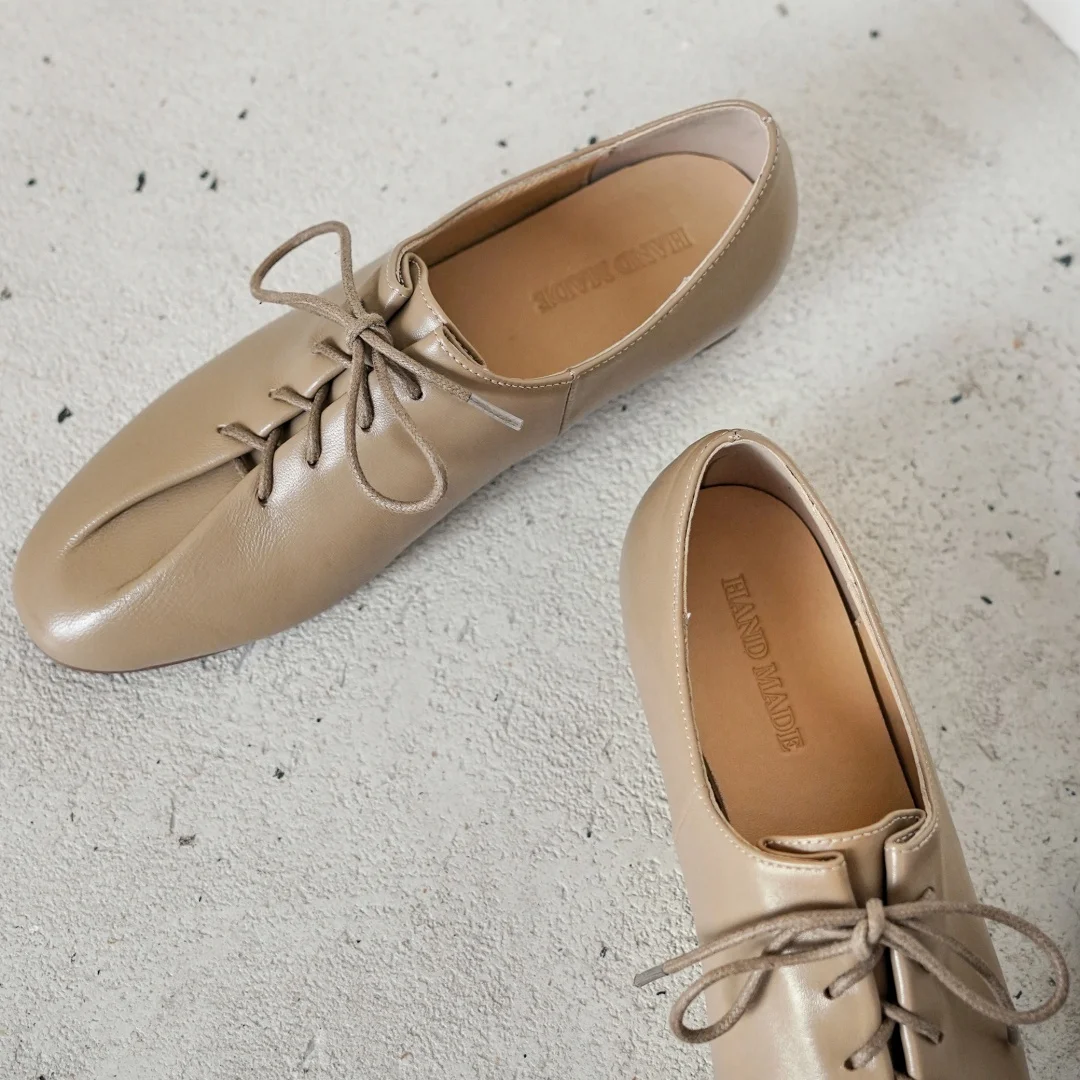 danxuefei 2026 spring new women's sheepskin round toe lace-up pleated flats oxfords high quality soft comfortable casual shoes