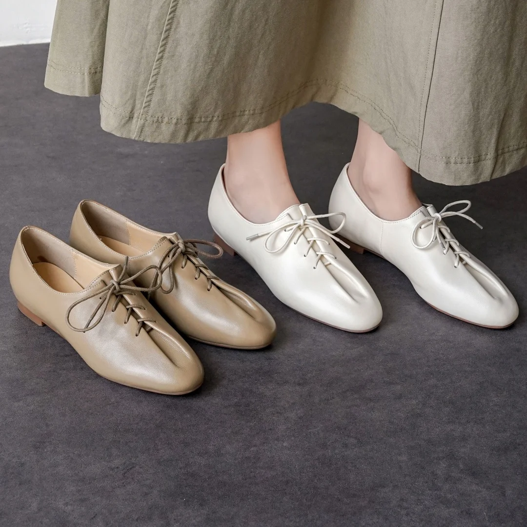 danxuefei 2026 spring new women's sheepskin round toe lace-up pleated flats oxfords high quality soft comfortable casual shoes