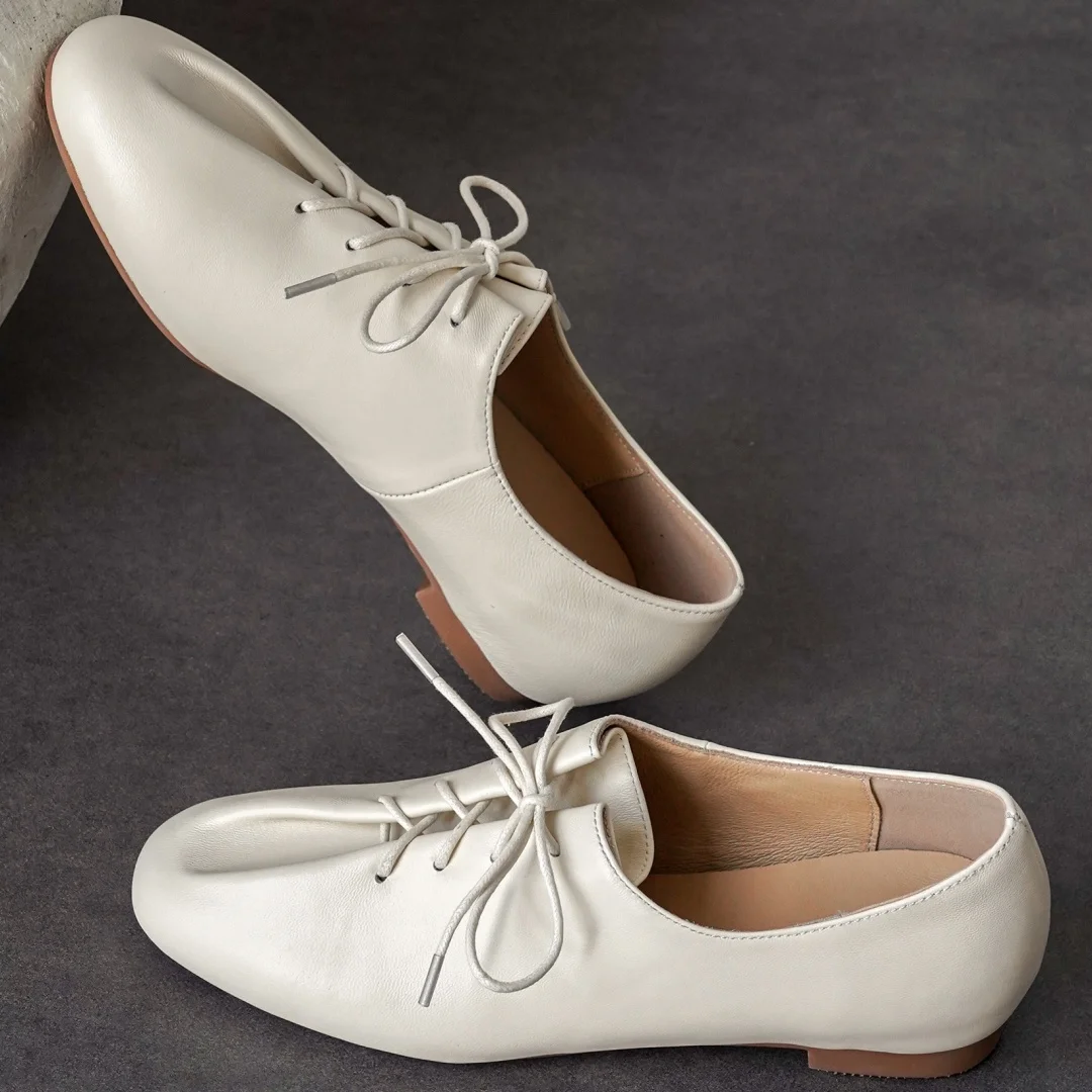 danxuefei 2026 spring new women's sheepskin round toe lace-up pleated flats oxfords high quality soft comfortable casual shoes