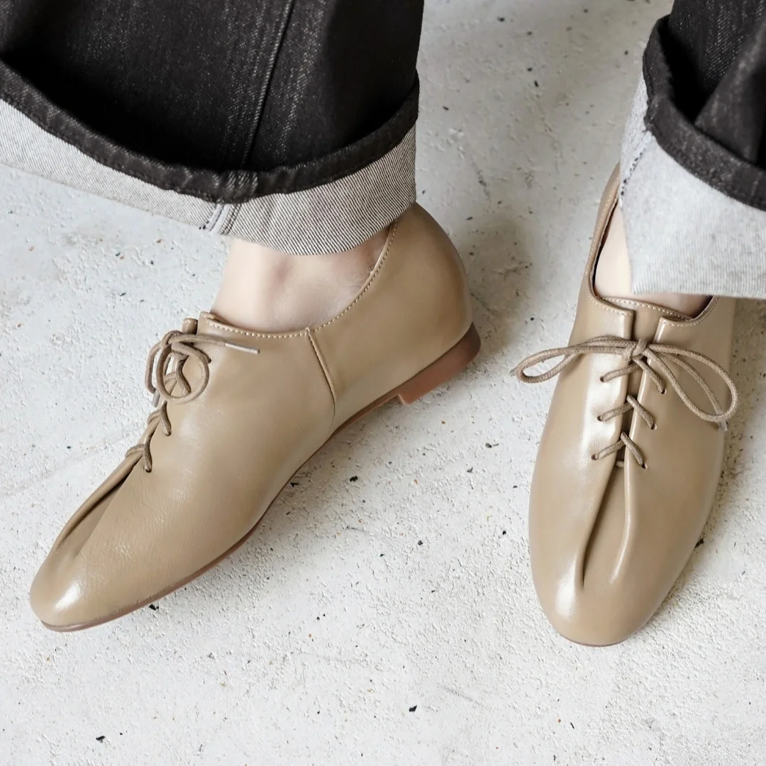 danxuefei 2026 spring new women's sheepskin round toe lace-up pleated flats oxfords high quality soft comfortable casual shoes