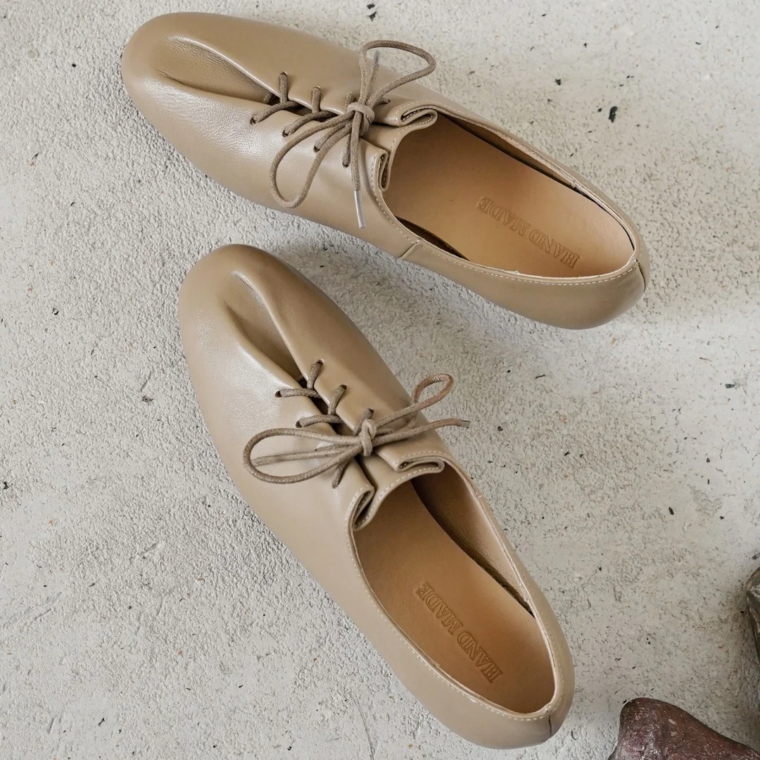 danxuefei 2026 spring new women's sheepskin round toe lace-up pleated flats oxfords high quality soft comfortable casual shoes