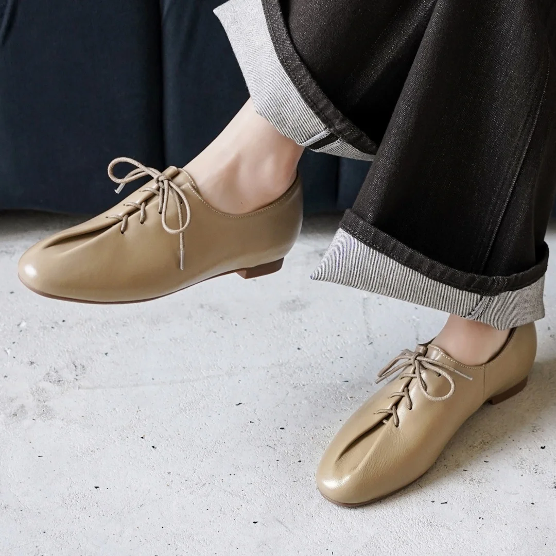 danxuefei 2026 spring new women's sheepskin round toe lace-up pleated flats oxfords high quality soft comfortable casual shoes
