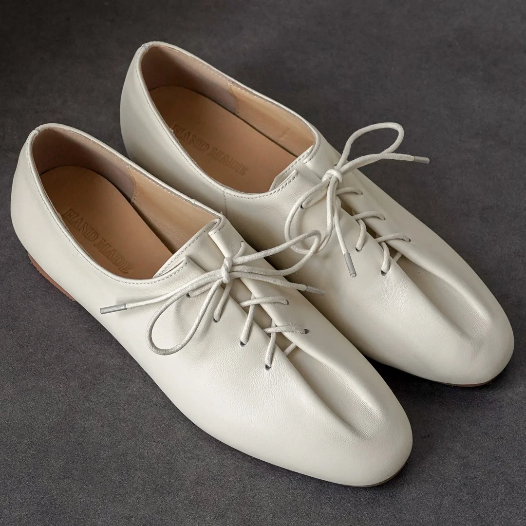 danxuefei 2026 spring new women's sheepskin round toe lace-up pleated flats oxfords high quality soft comfortable casual shoes