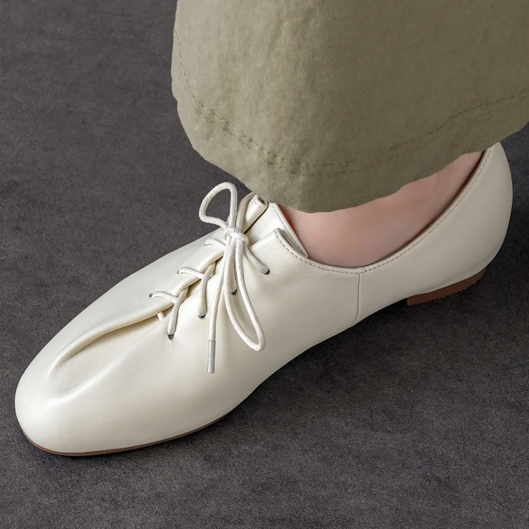 danxuefei 2026 spring new women's sheepskin round toe lace-up pleated flats oxfords high quality soft comfortable casual shoes
