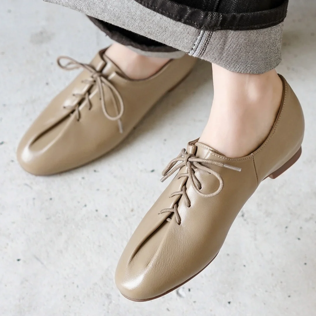 danxuefei 2026 spring new women's sheepskin round toe lace-up pleated flats oxfords high quality soft comfortable casual shoes