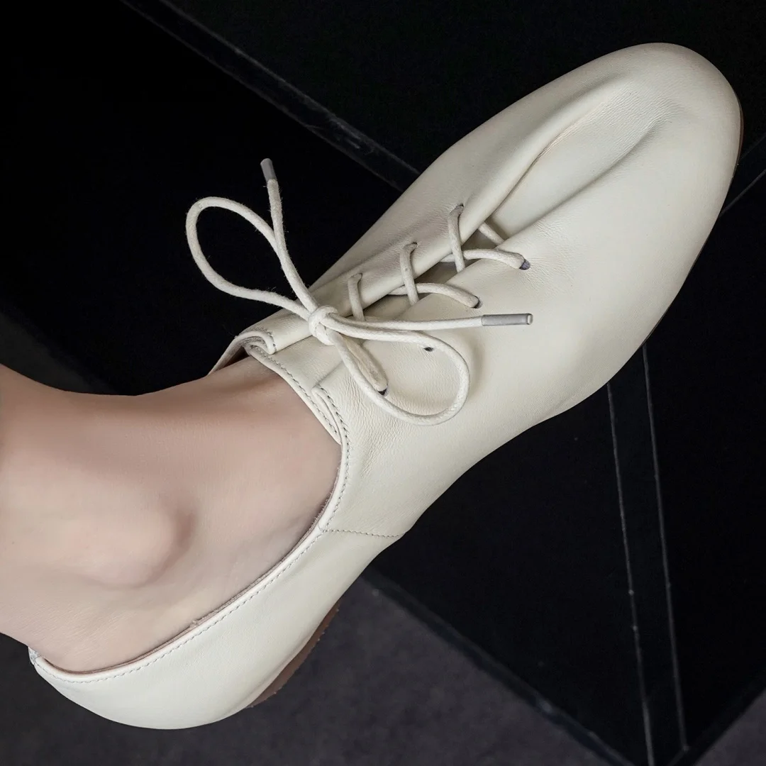 danxuefei 2026 spring new women's sheepskin round toe lace-up pleated flats oxfords high quality soft comfortable casual shoes