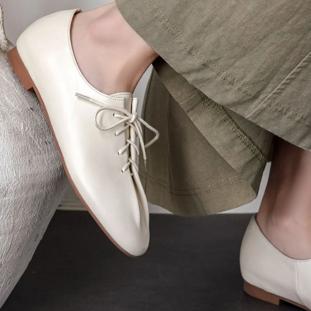 danxuefei 2026 spring new women's sheepskin round toe lace-up pleated flats oxfords high quality soft comfortable casual shoes