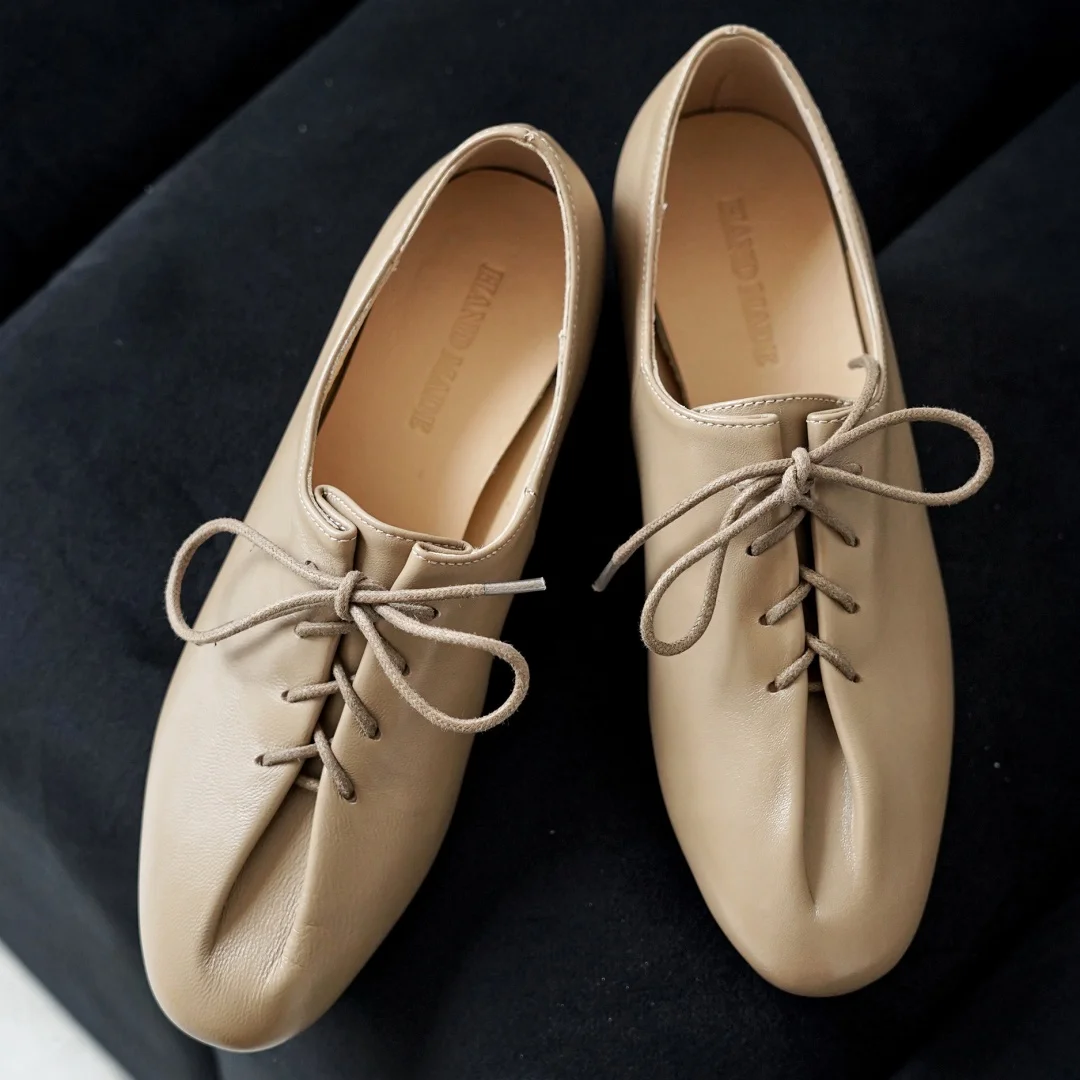 danxuefei 2026 spring new women's sheepskin round toe lace-up pleated flats oxfords high quality soft comfortable casual shoes