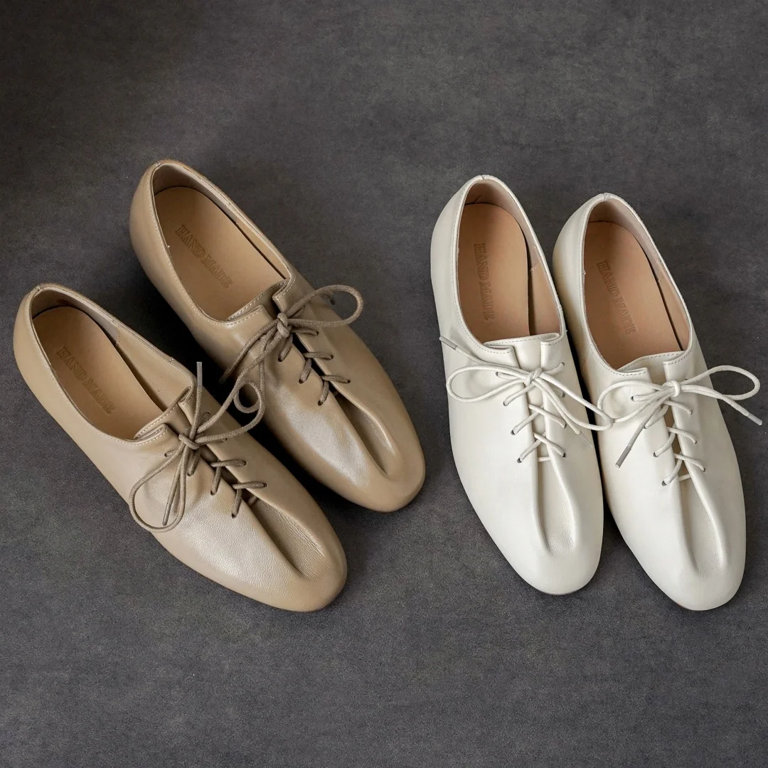 danxuefei 2026 spring new women's sheepskin round toe lace-up pleated flats oxfords high quality soft comfortable casual shoes