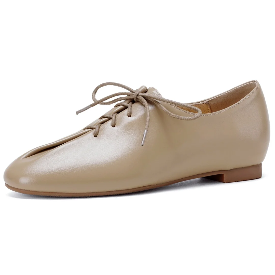 danxuefei 2026 spring new women's sheepskin round toe lace-up pleated flats oxfords high quality soft comfortable casual shoes