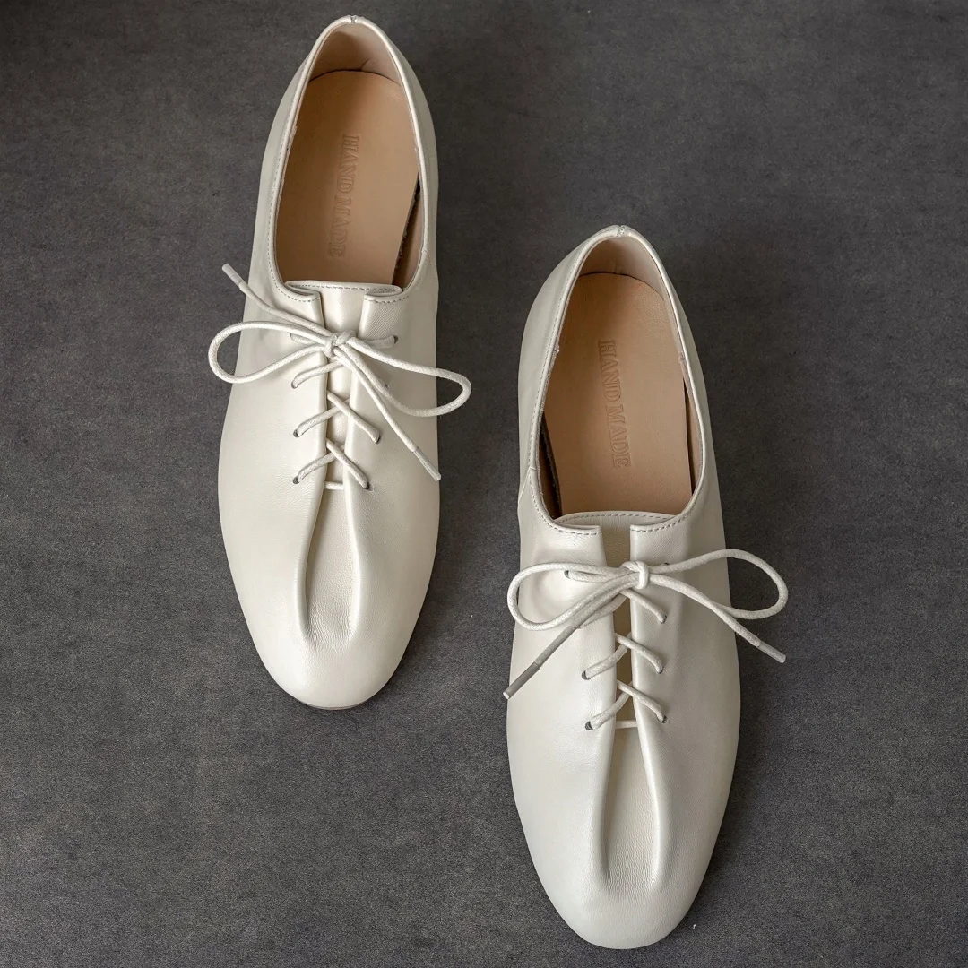 danxuefei 2026 spring new women's sheepskin round toe lace-up pleated flats oxfords high quality soft comfortable casual shoes