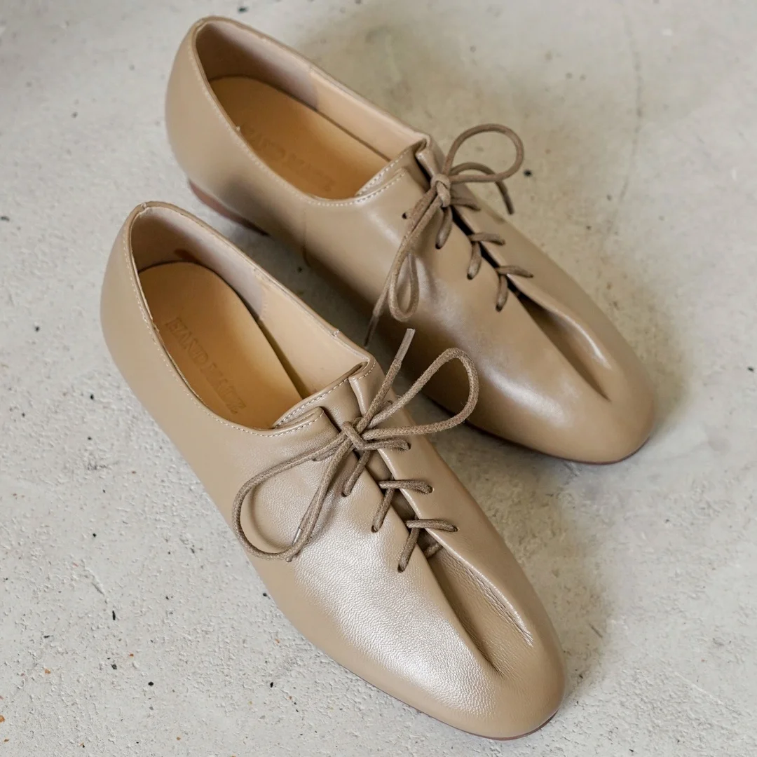 danxuefei 2026 spring new women's sheepskin round toe lace-up pleated flats oxfords high quality soft comfortable casual shoes