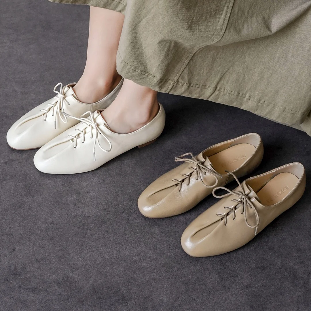 danxuefei 2026 spring new women's sheepskin round toe lace-up pleated flats oxfords high quality soft comfortable casual shoes