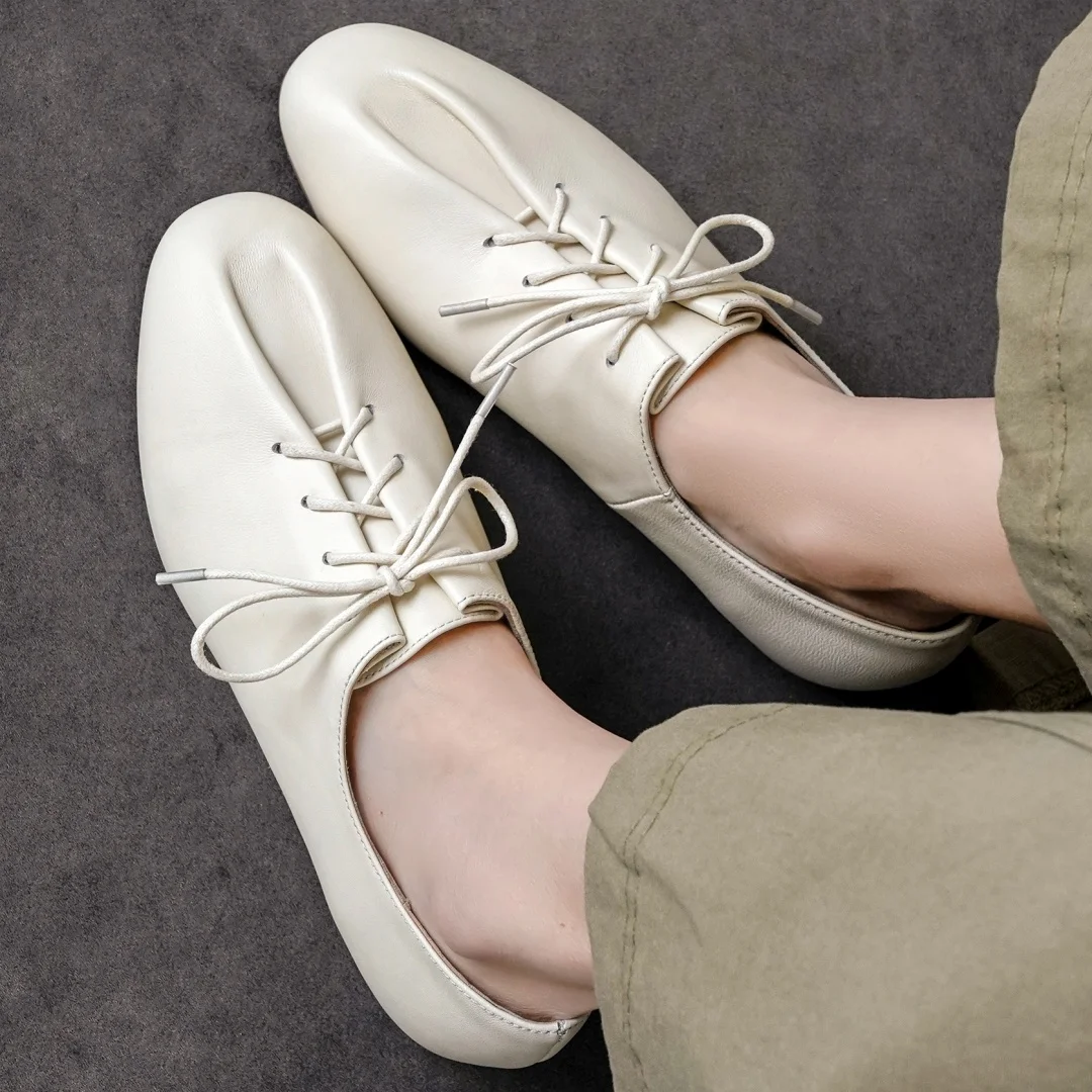 danxuefei 2026 spring new women's sheepskin round toe lace-up pleated flats oxfords high quality soft comfortable casual shoes