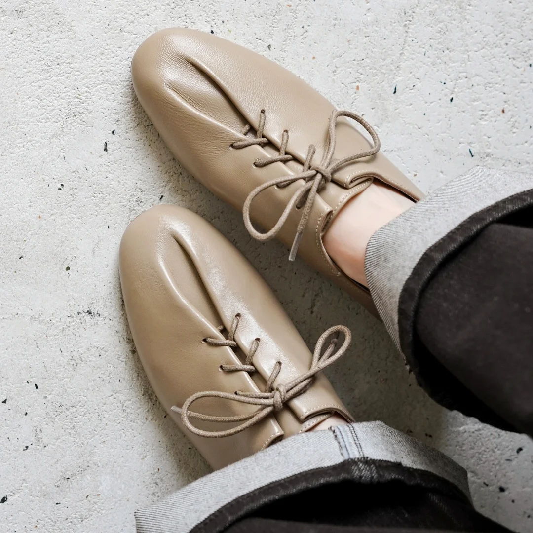 danxuefei 2026 spring new women's sheepskin round toe lace-up pleated flats oxfords high quality soft comfortable casual shoes