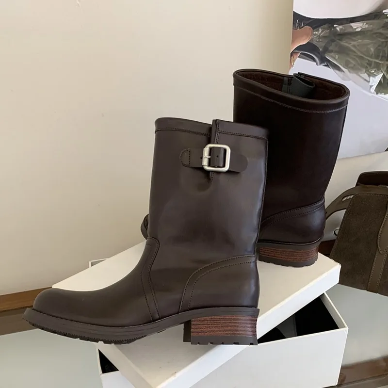 Eilyken Vintage Autumn Winter Ankle Boots Women Round Toe Square Low Heels Shoes Fashion Design Belt Buckle Booties