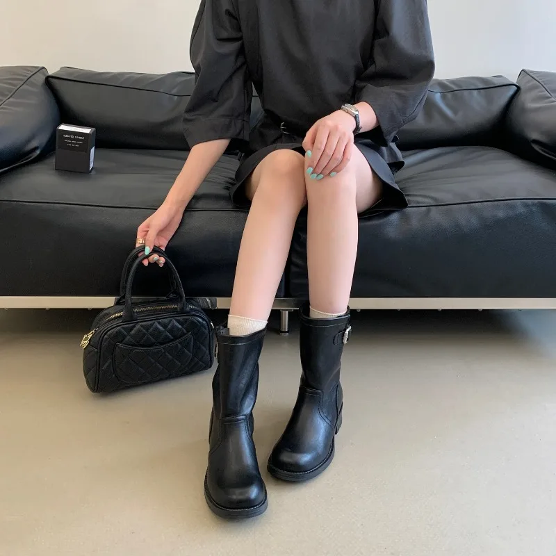 Eilyken Vintage Autumn Winter Ankle Boots Women Round Toe Square Low Heels Shoes Fashion Design Belt Buckle Booties