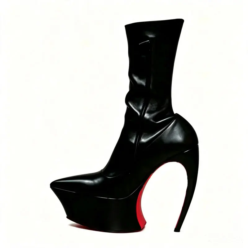 Ladies Sharp Point Toe Mid‑Calf Booties Hollow Sculpted Super High Heel Thick Platform Side Zipper Red Outsole Punk Party Show