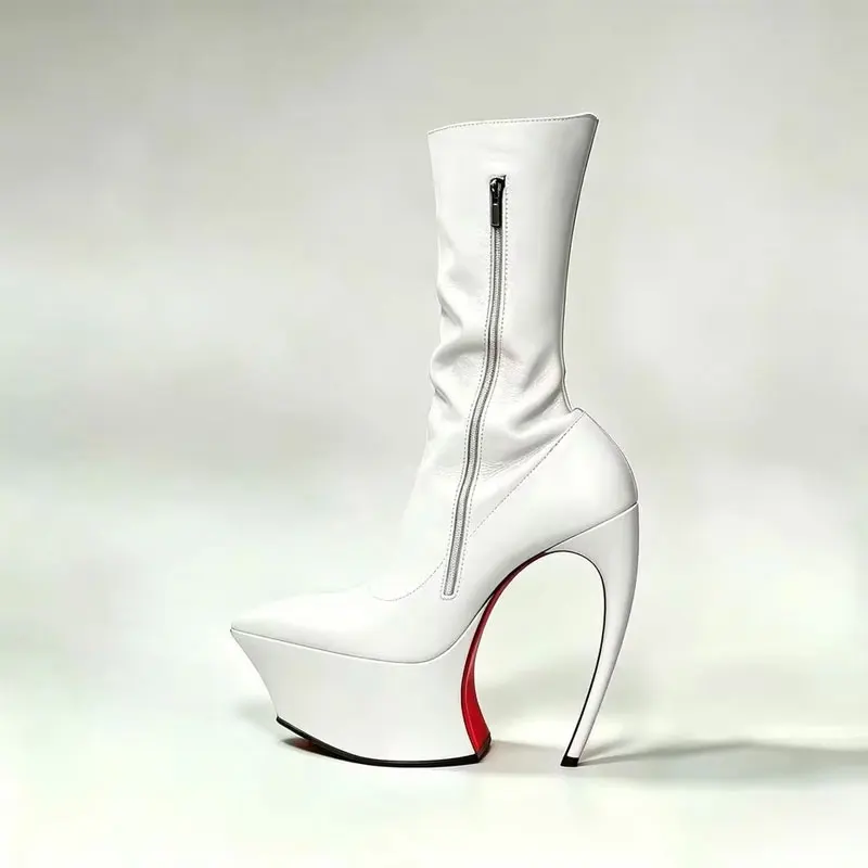 Ladies Sharp Point Toe Mid‑Calf Booties Hollow Sculpted Super High Heel Thick Platform Side Zipper Red Outsole Punk Party Show