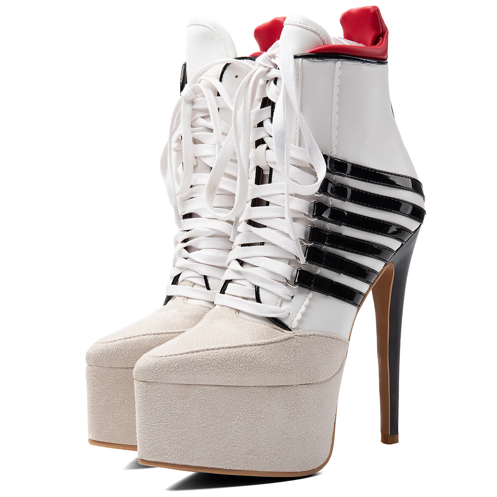 Brown/pink/white suede platform ankle boots plus size 46 47 lace up sexy high heels straps luxury designer quality party shoes