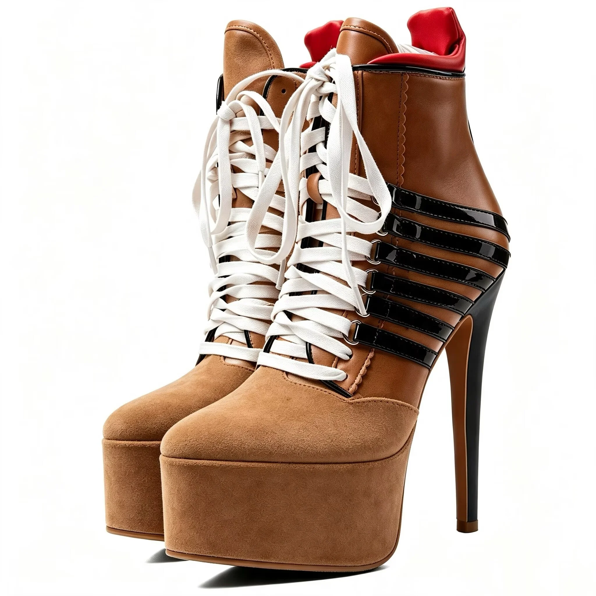 Brown/pink/white suede platform ankle boots plus size 46 47 lace up sexy high heels straps luxury designer quality party shoes