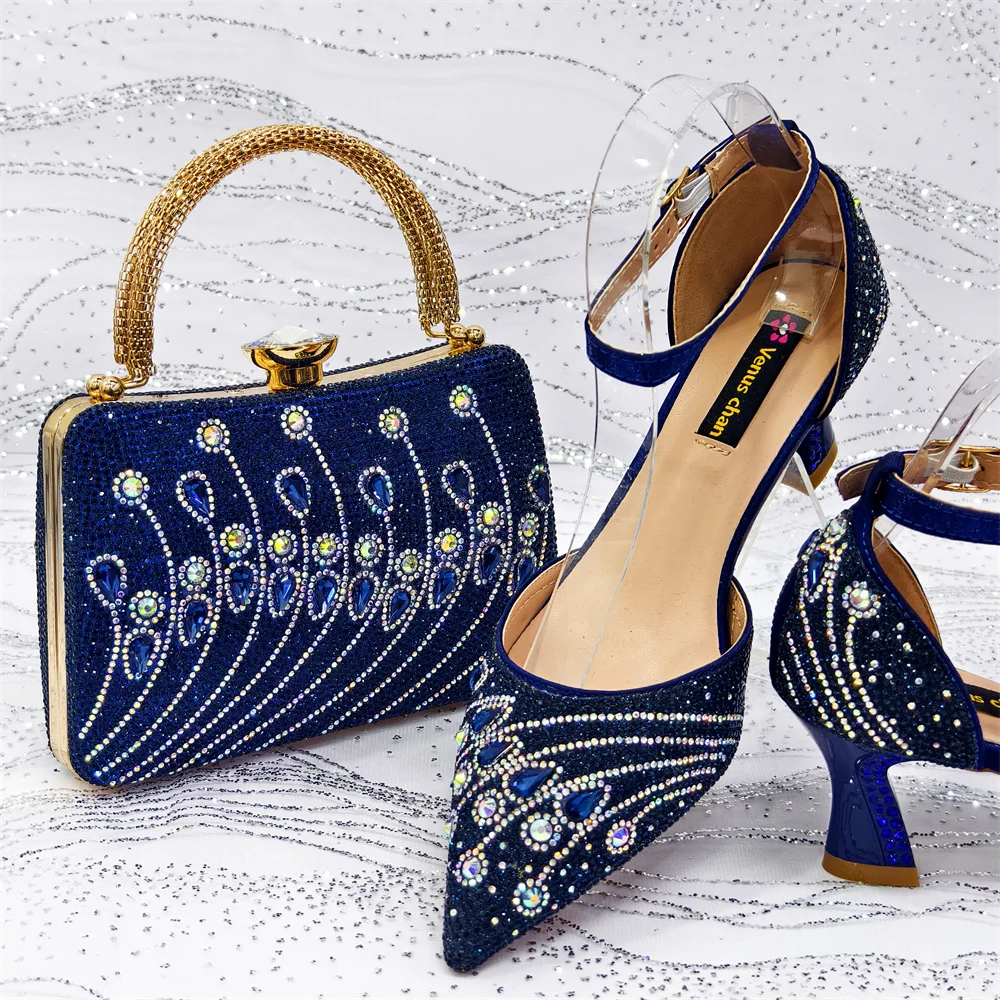 Elegant Italian Rhinestone Pointed-Toe High Heel Shoes with Matching Handbag Set - Stylish & Comfortable Women's Footwear