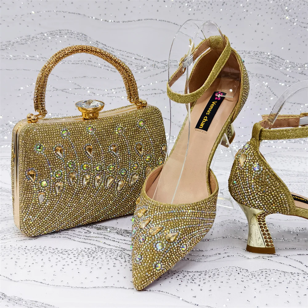 Elegant Italian Rhinestone Pointed-Toe High Heel Shoes with Matching Handbag Set - Stylish & Comfortable Women's Footwear