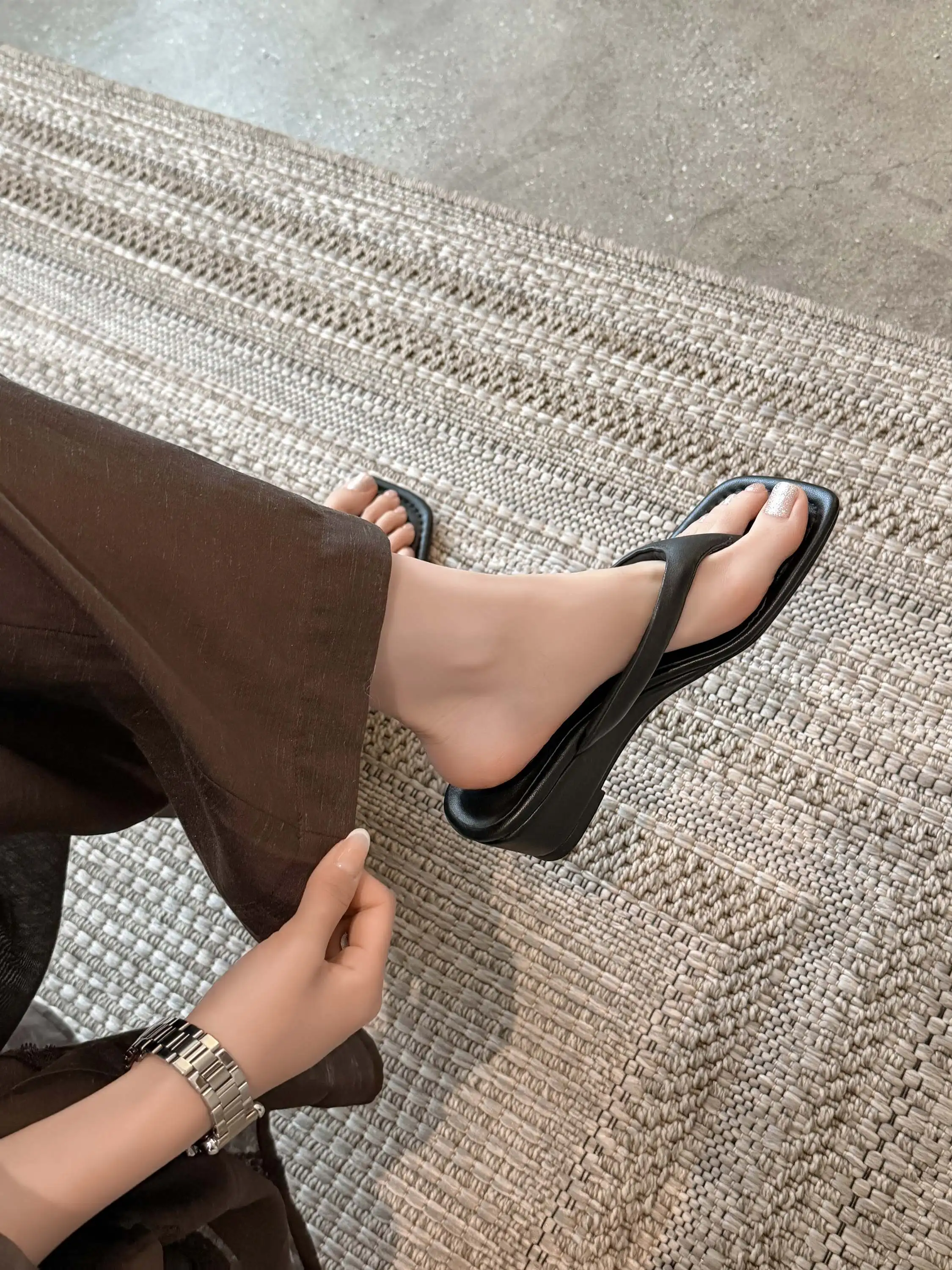 Krazing Pot Genuine Leather Mules Flip Flops Slingback Summer Shoes Concise Design Wedges Casual Fashion Women Outside Slippers
