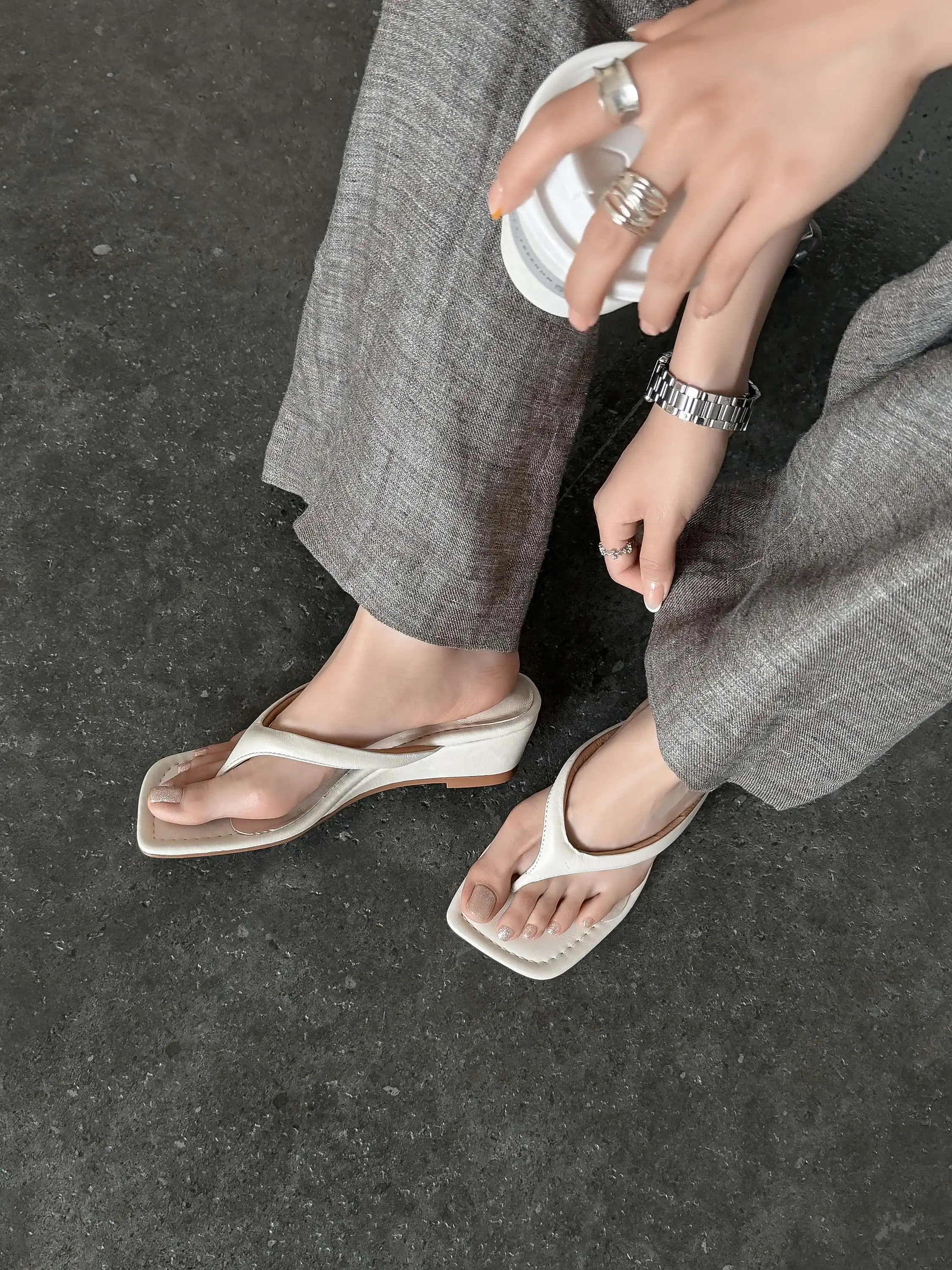 Krazing Pot Genuine Leather Mules Flip Flops Slingback Summer Shoes Concise Design Wedges Casual Fashion Women Outside Slippers