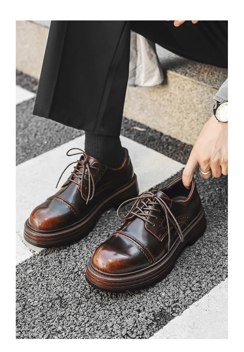 Height Increasing Vintage British Men Casual Leather Shoes Dress Tooling Boots Outdoor Business Loafers Spring Summer Shoes