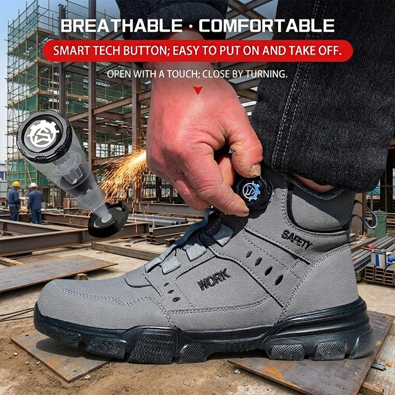High‑Top Rotary Knob Lightweight Breathable Safety Footwear Steel Toe Anti‑smash Puncture‑Proof Work Shoes For Freight Station