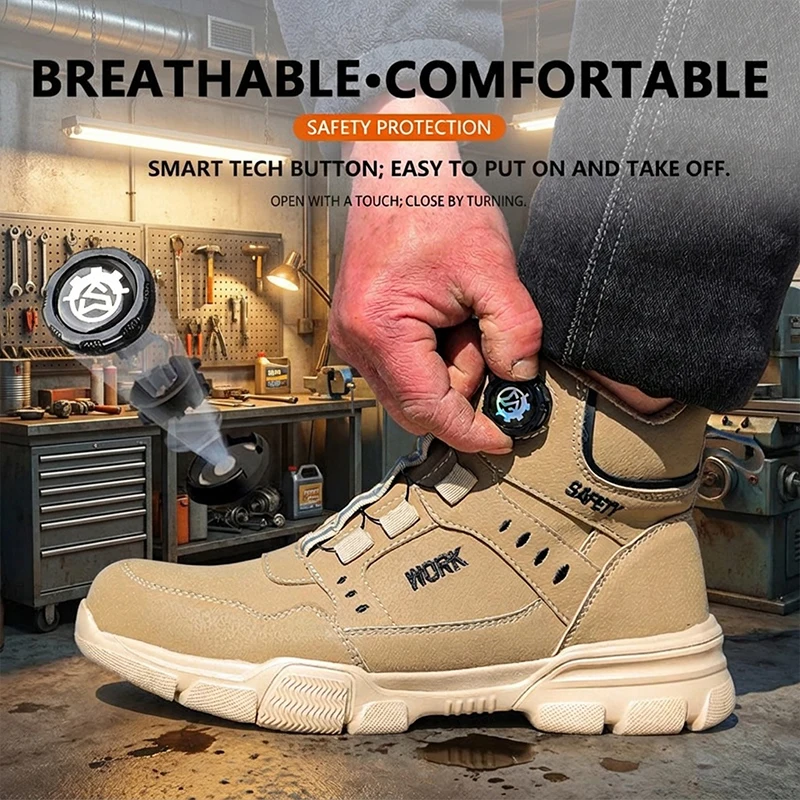High‑Top Rotary Knob Lightweight Breathable Safety Footwear Steel Toe Anti‑smash Puncture‑Proof Work Shoes For Freight Station