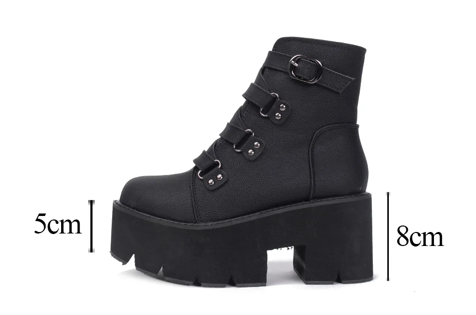 Gdgydh Spring Autumn Ankle Boots Women Platform Boots Rubber Sole Buckle Black Leather PU High Heels Shoes Woman Comfortable