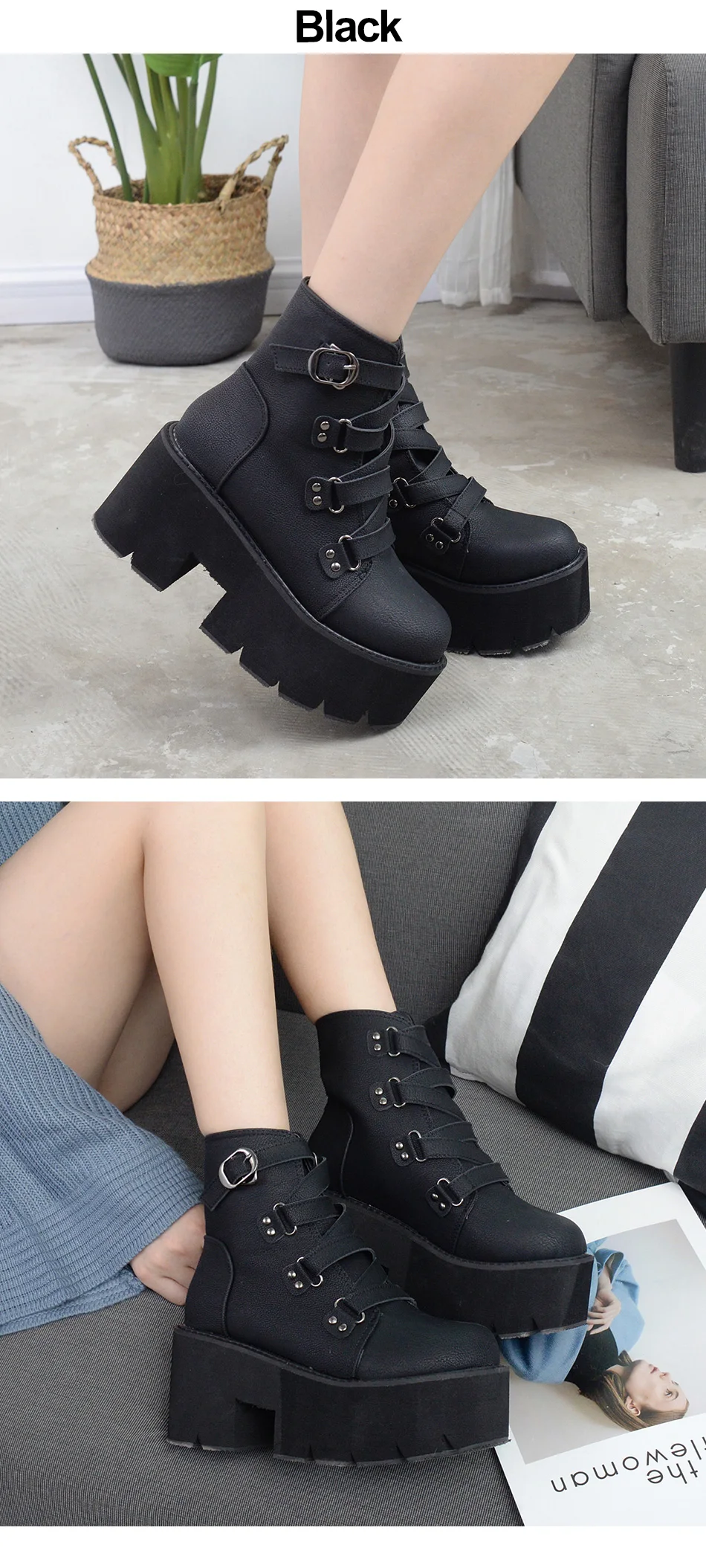 Gdgydh Spring Autumn Ankle Boots Women Platform Boots Rubber Sole Buckle Black Leather PU High Heels Shoes Woman Comfortable