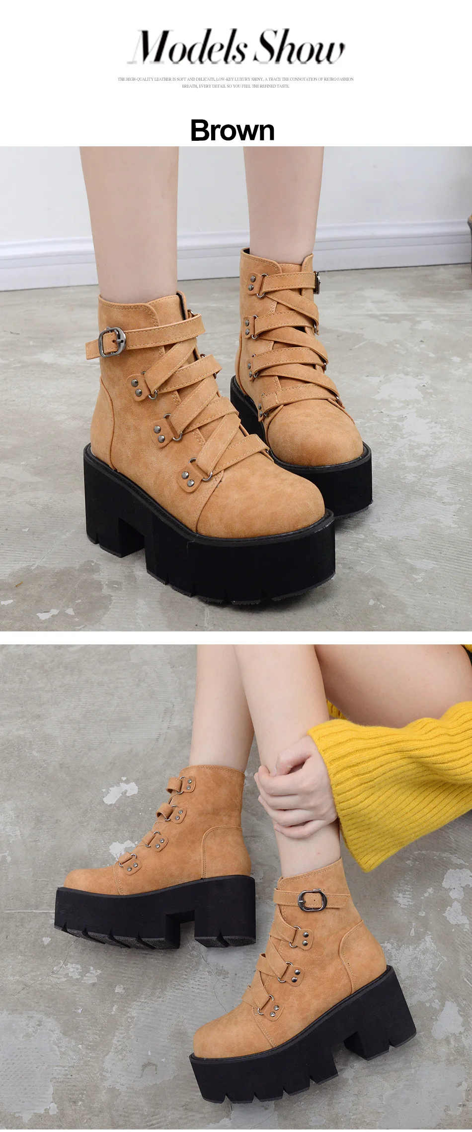 Gdgydh Spring Autumn Ankle Boots Women Platform Boots Rubber Sole Buckle Black Leather PU High Heels Shoes Woman Comfortable