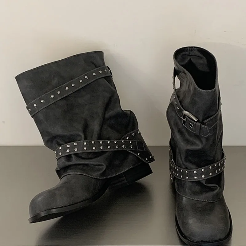 Eilyken New Design Rivet Belt Buckle Splicing Woman Ankle Boots Punk Style Round Toe Square Low Heels Banquet Shoes
