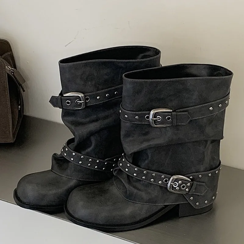 Eilyken New Design Rivet Belt Buckle Splicing Woman Ankle Boots Punk Style Round Toe Square Low Heels Banquet Shoes
