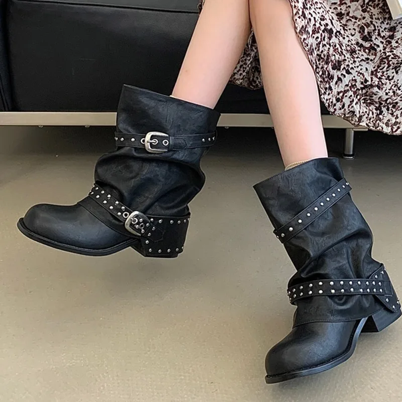 Eilyken New Design Rivet Belt Buckle Splicing Woman Ankle Boots Punk Style Round Toe Square Low Heels Banquet Shoes