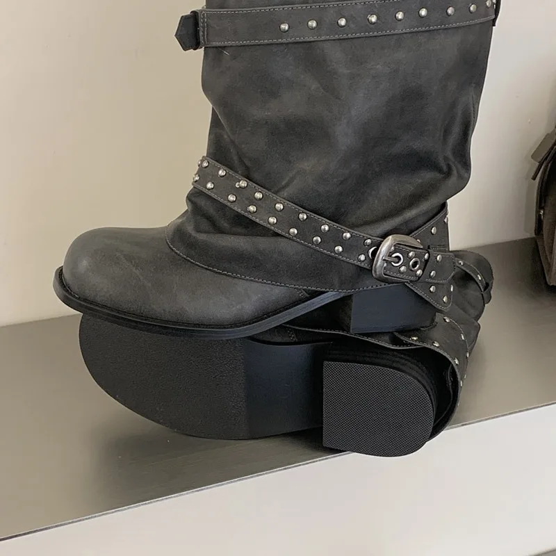 Eilyken New Design Rivet Belt Buckle Splicing Woman Ankle Boots Punk Style Round Toe Square Low Heels Banquet Shoes