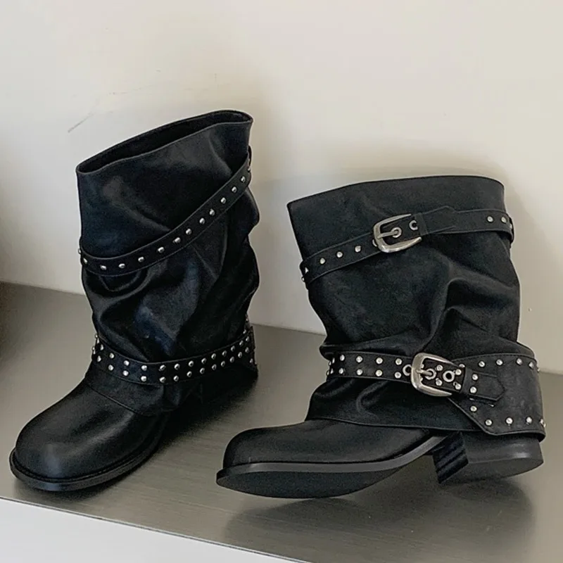 Eilyken New Design Rivet Belt Buckle Splicing Woman Ankle Boots Punk Style Round Toe Square Low Heels Banquet Shoes
